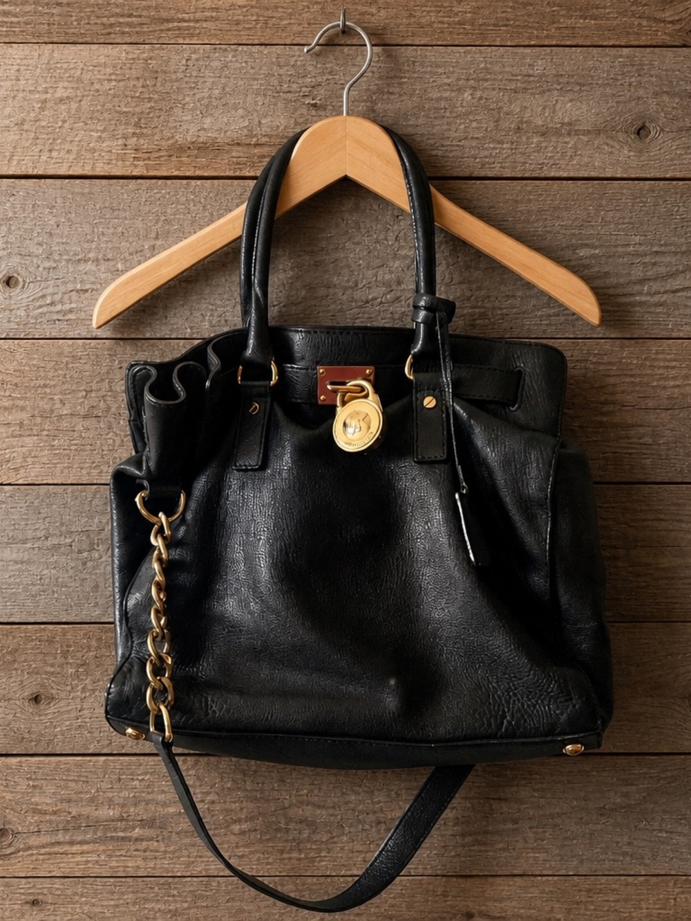 Michael Kors Large Black Leather Hamilton Satchel Shoulder Bag with Lock and Key